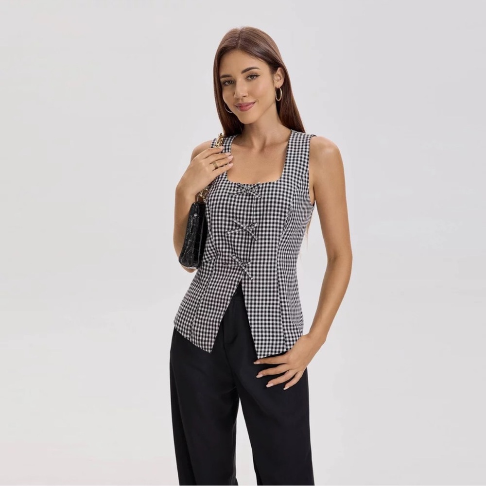 A New Day Square Neck Sleeveless Front Bow Tie Closure Vest Top Black Gingham L